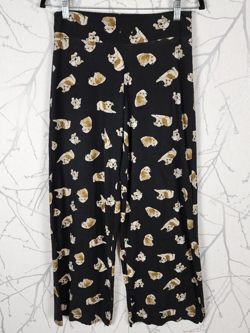 Black Stretchy Bulldog Puppy Printed Pull On Wide Leg Pants